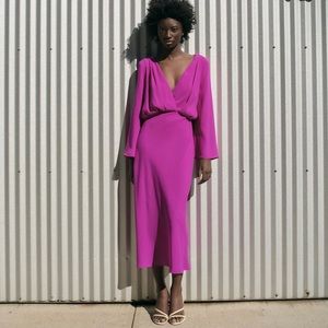 Zara Magenta Midi V-Neck Dress